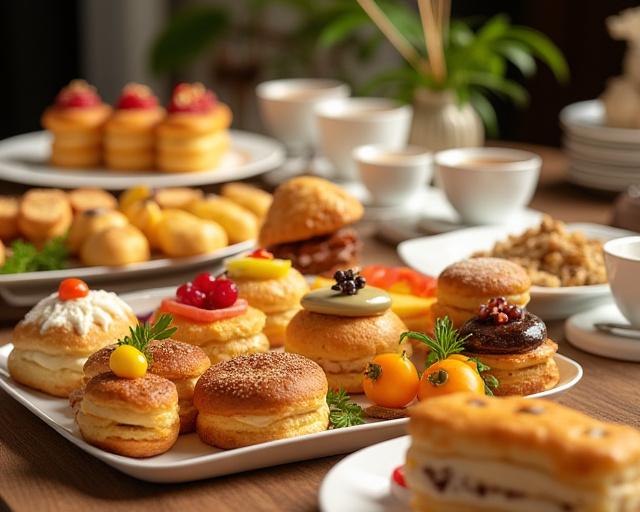 Reichhaltiges Catering-Buffet mit Gebäck und Kaffee.